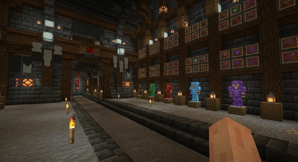 A grand Minecraft server spawn hub with a rank progression display wall showing custom weapons and armor in item frames, players in colored netherite armor standing on rank pedestals under sea lantern lighting.