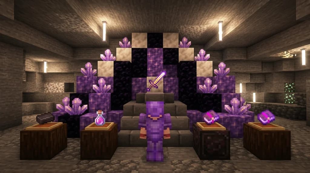 Minecraft player upgrading an item's rarity tier at a glowing shrine, surrounded by rare materials.