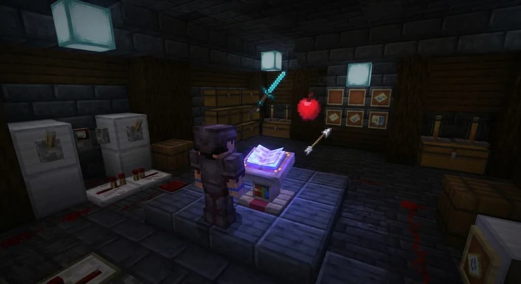 A Minecraft player in a deepslate command center with a glowing enchanted book and floating item icons, representing the customization of game rules and item drops.