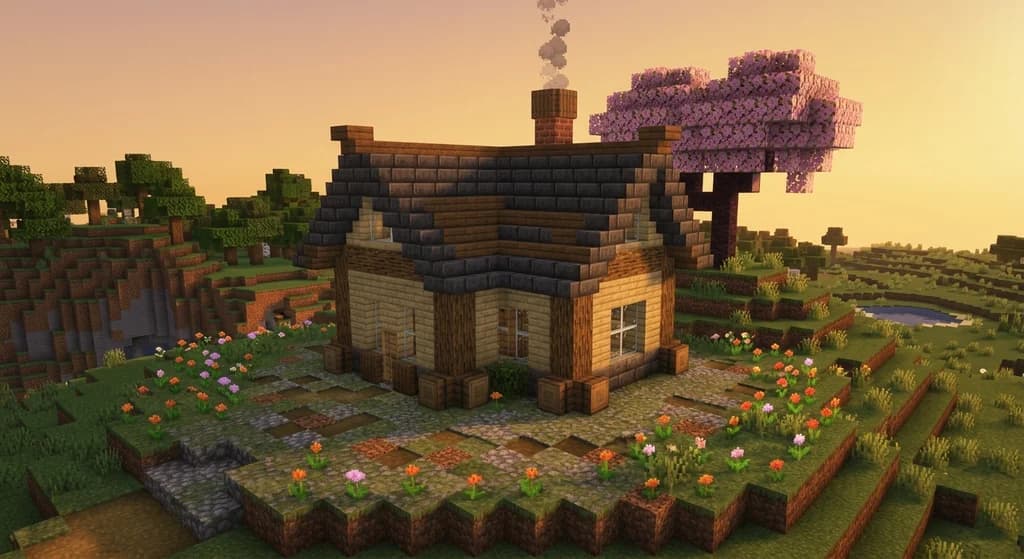 Minecraft medieval house with pale oak and deepslate block palette, demonstrating creative mode building inspiration.