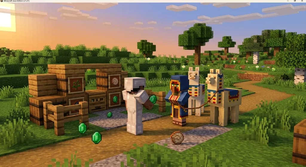A Minecraft player trading with a wandering trader and llamas, with emeralds and rare items scattered around a trading post.