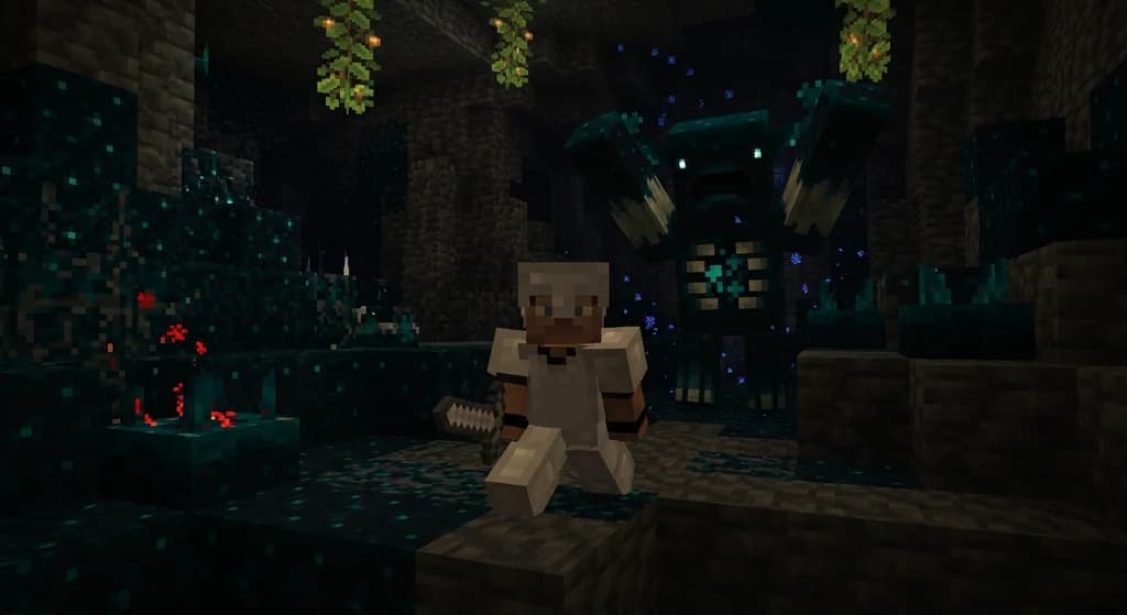 A player sneaking in the deep dark biome with sculk blocks and a warden emerging from the darkness.