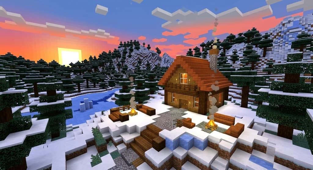 Warm-tone spruce cabin in snowy Minecraft landscape.