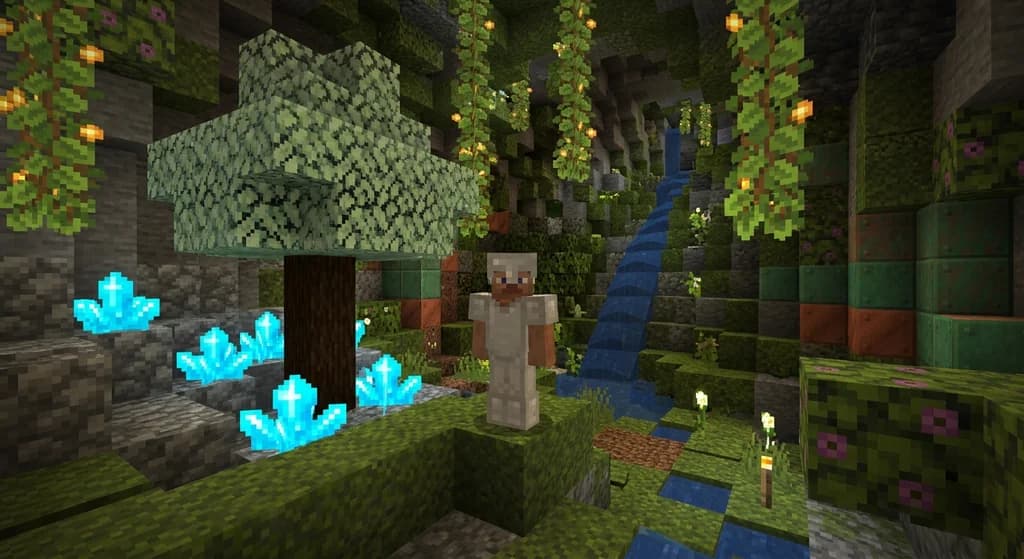 Player in iron armor inside a modded lush cave with copper and tuff blocks, blue crystals, and a waterfall.