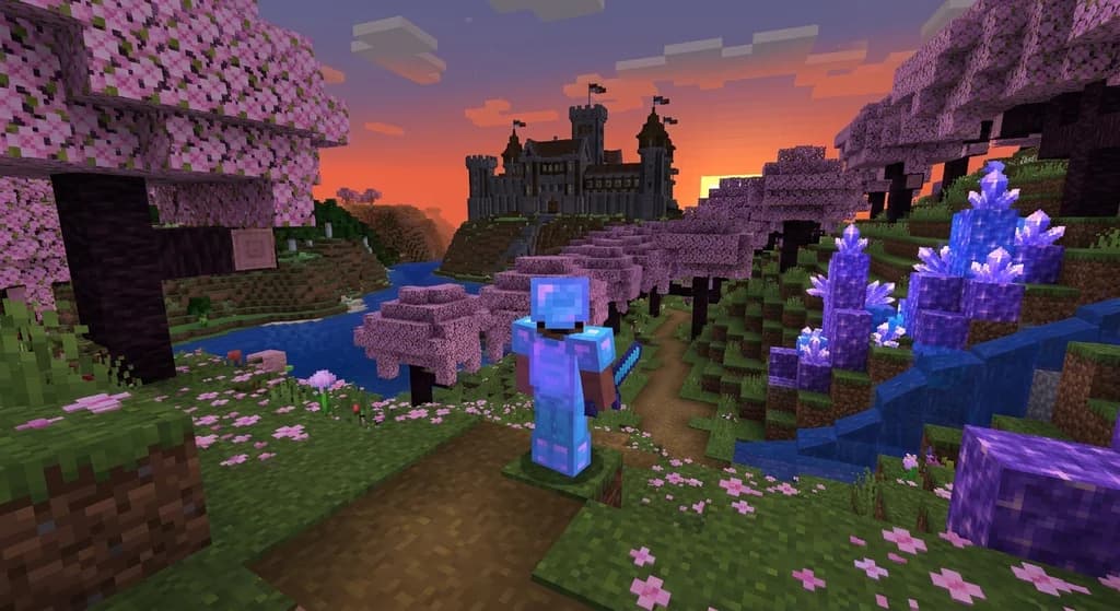 Player in a modded Minecraft world with cherry blossoms, crystals, and a deepslate castle.
