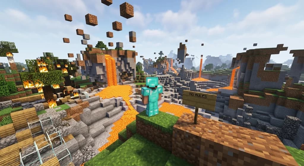 A Minecraft anarchy server scene showing destroyed builds, lava, and a lone player on a hill, symbolizing no rules.