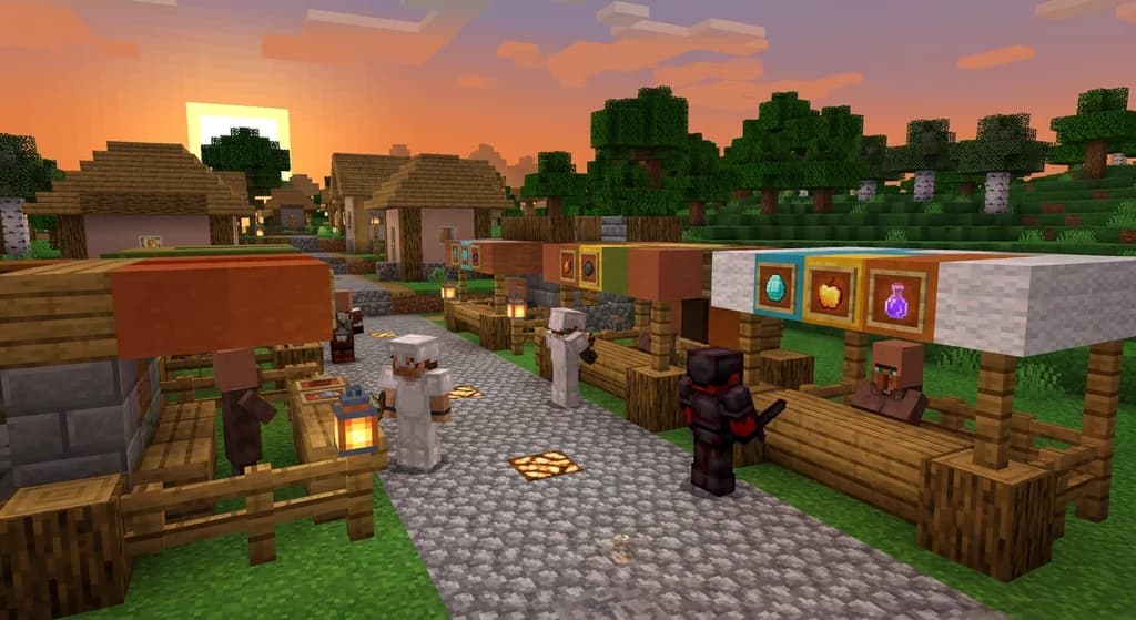 A vibrant Minecraft marketplace with players trading at detailed wooden stalls under a warm sunset.
