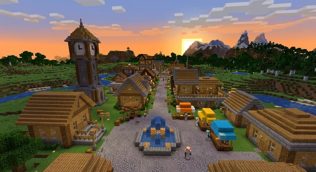 A Minecraft SMP spawn town with oak and stone brick buildings, chest market stalls, sea lantern lighting, and mountains in the background at golden hour.