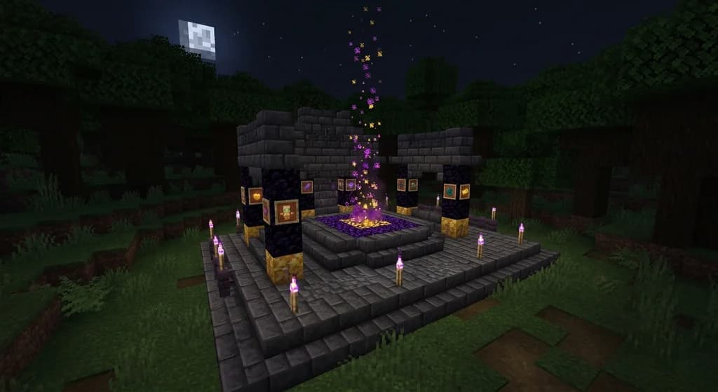 A Minecraft ritual altar built from deepslate bricks and crying obsidian glowing with purple particles in a dark forest biome at night, surrounded by torches and item offerings