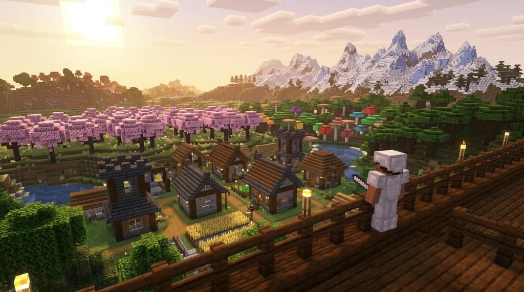 A Minecraft vanilla-plus landscape featuring a deepslate and dark oak village surrounded by cherry blossom trees, mushroom forests, and snow-capped mountains at golden hour, representing the Better Minecraft modpack world.