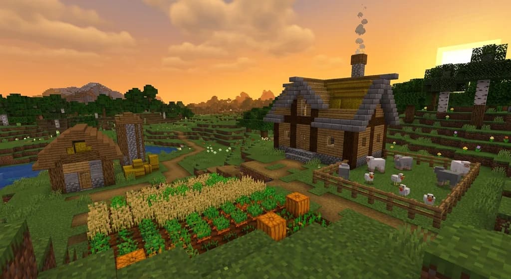 A cozy Minecraft homestead with crop fields, a fenced animal pasture with sheep and chickens, a stone-and-oak barn, and warm golden sunset lighting over rolling hills.