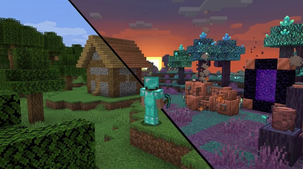Comparison of vanilla Minecraft landscape with a modded landscape showing new blocks and structures, player observing the difference