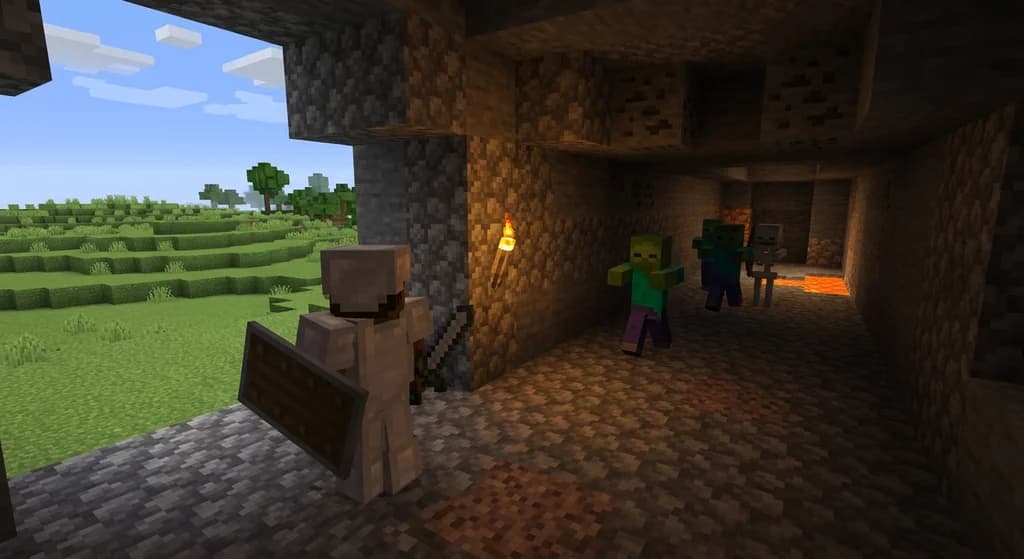 A Minecraft hardcore player in iron armor pausing at a cave entrance, deciding whether to retreat from approaching mobs, with a lit torch and shield in hand.