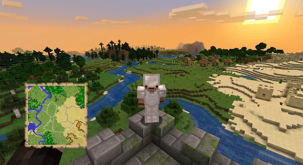Player holding a map overlooking a diverse biome landscape with territory borders, representing Xaero's map server integration.