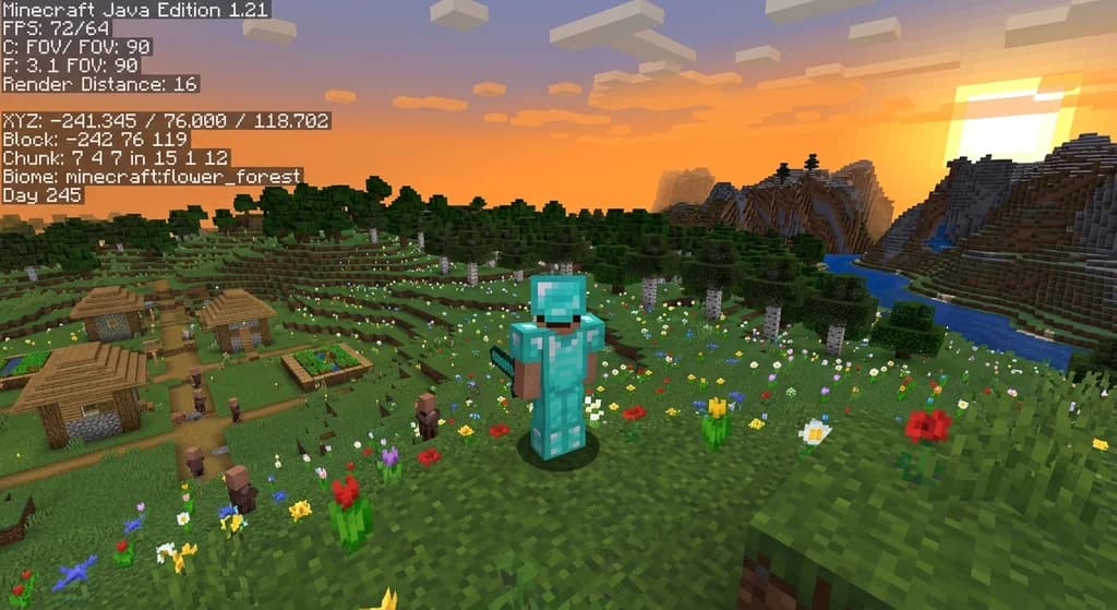 Minecraft player viewing the F3 debug screen overlay on a hilltop at sunset with a village in the distance