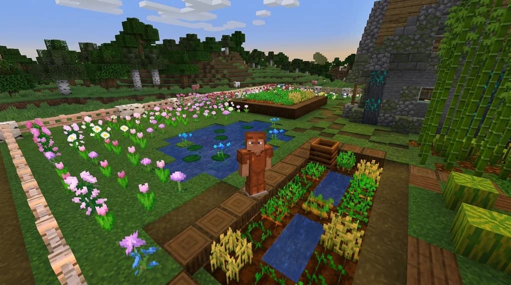 Minecraft garden landscape showcasing four different block palettes for outdoor builds: pastel flowers, rustic farm, mossy cottage, and tropical bamboo.