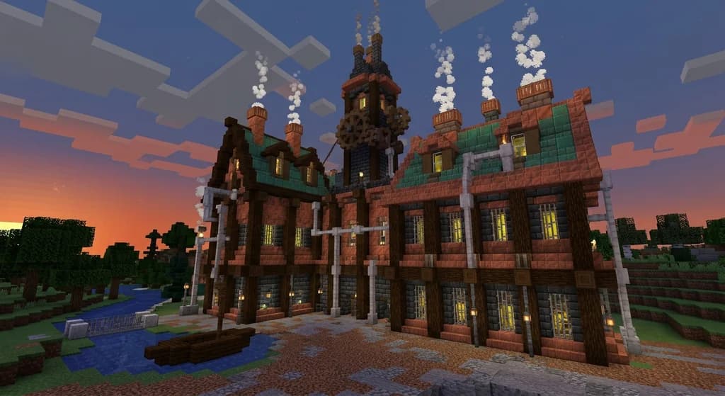 A steampunk Minecraft factory tower built from oxidized copper, deepslate bricks, dark oak beams, and iron bars, glowing lanterns in arched windows at twilight