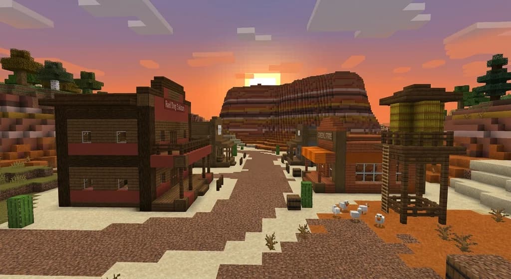 Minecraft wild west town with block palettes of sandstone, acacia, terracotta, and dark oak