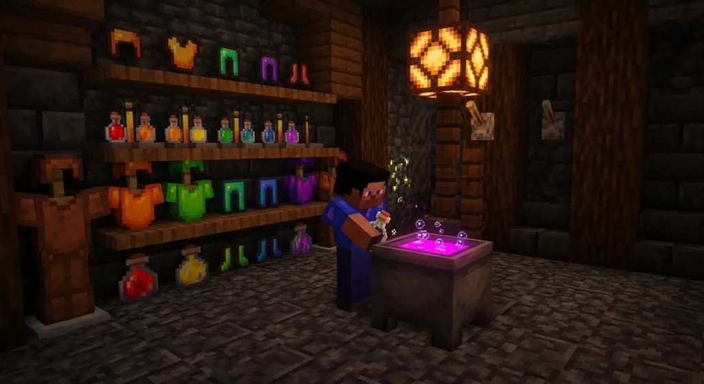 Minecraft cauldron tricks: player dyeing leather armor with cauldron in a cozy base.