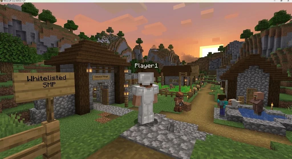 Minecraft Bedrock player in front of a medieval SMP village with a whitelist sign, sunset lighting over hills.