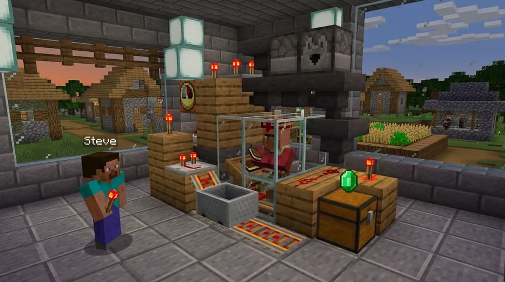 An auto villager trading machine in Minecraft, with a player collecting emeralds from a hopper system.