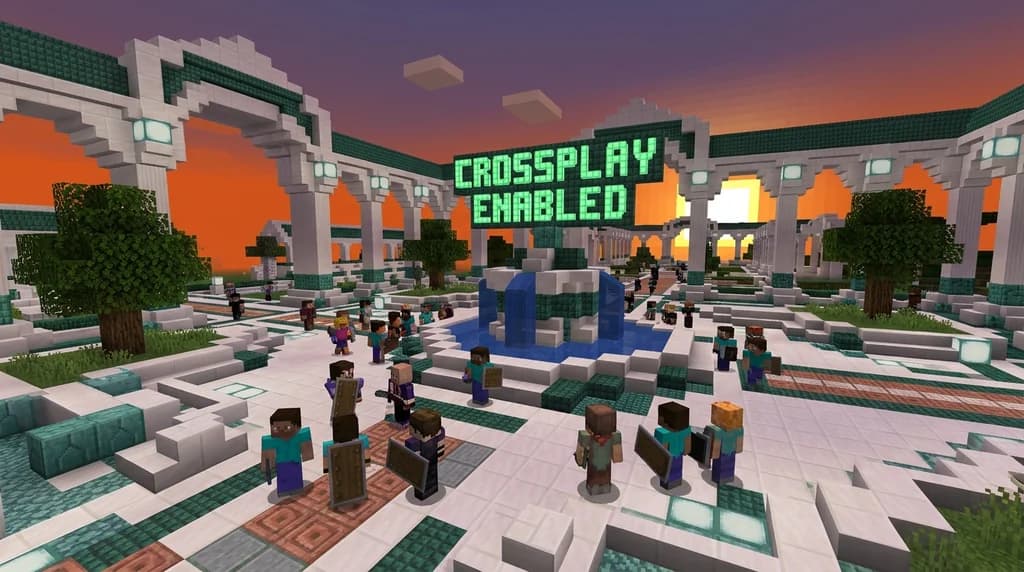 Minecraft server hub showing both Bedrock and Java players gathering in a crossplay-enabled lobby.