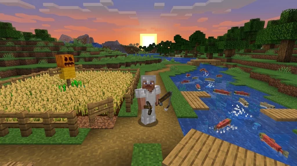 A Minecraft player comparing fishing and farming food sources near a river and wheat farm.