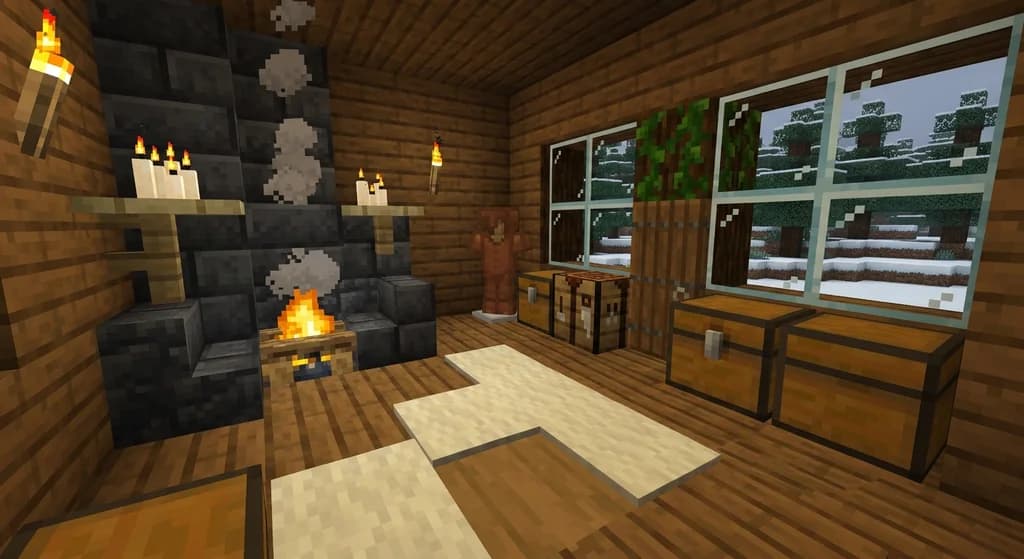 Cozy Minecraft house interior with oak floors, cream wool rug, candles, and a warm fireplace.