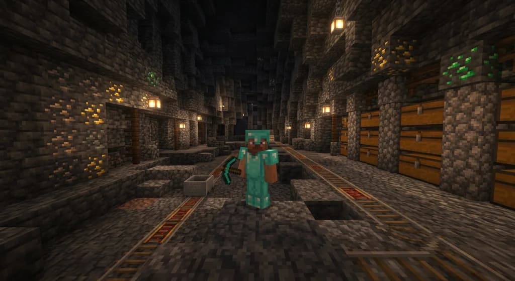A Minecraft player mining glowing ore veins in a deepslate cave lit by sea lanterns, surrounded by chests and minecart rails, representing the best jobs for earning money fast.