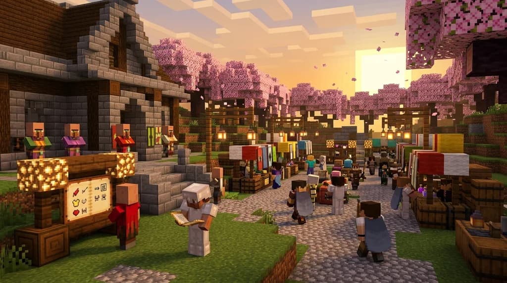 A Minecraft roleplay server spawn with custom NPCs, quest boards, and player shops in a medieval market.