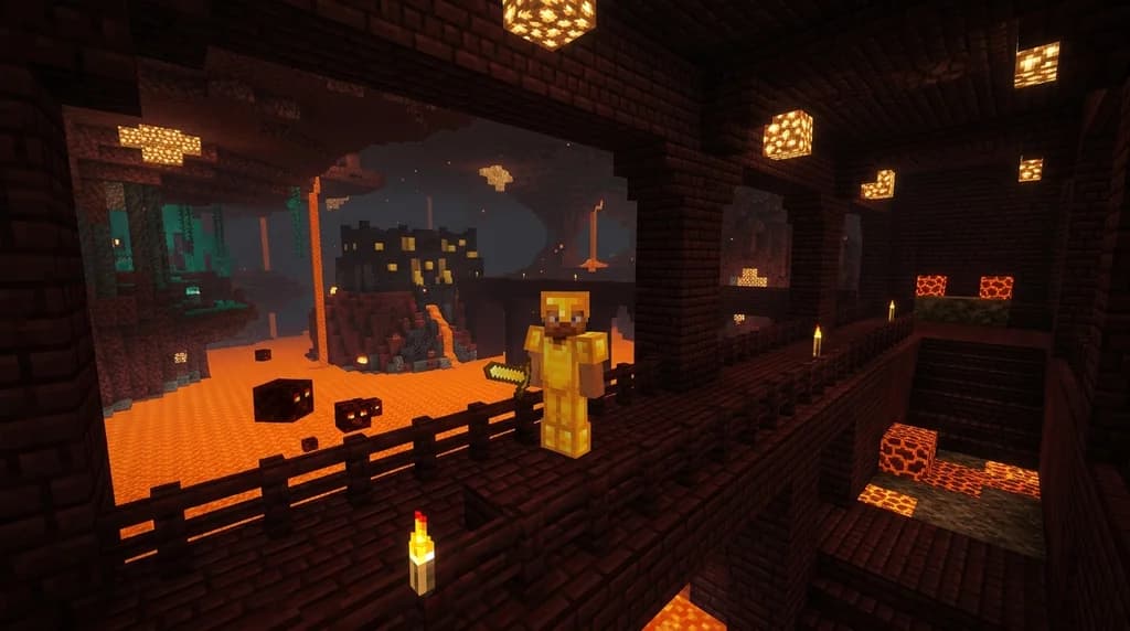 Minecraft speedrunner in golden armor inside a nether fortress with a bastion remnant visible across a lava sea, dramatic orange nether lighting