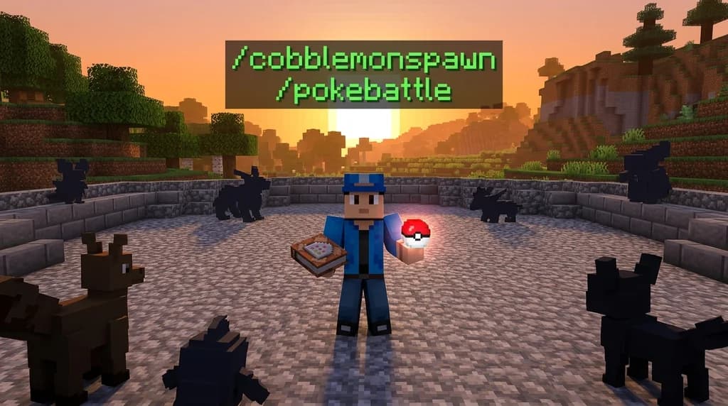 Minecraft player using Cobblemon commands in a server spawn arena with a command block overlay showing spawn and battle commands.