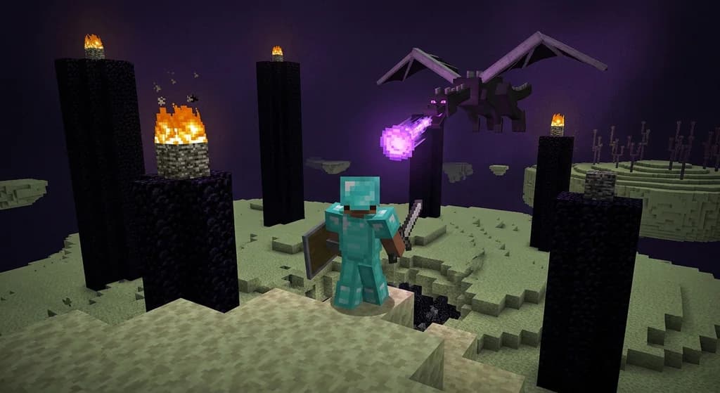 Player with shield and sword fighting the Ender Dragon on the End island, with obsidian pillars and End crystals.