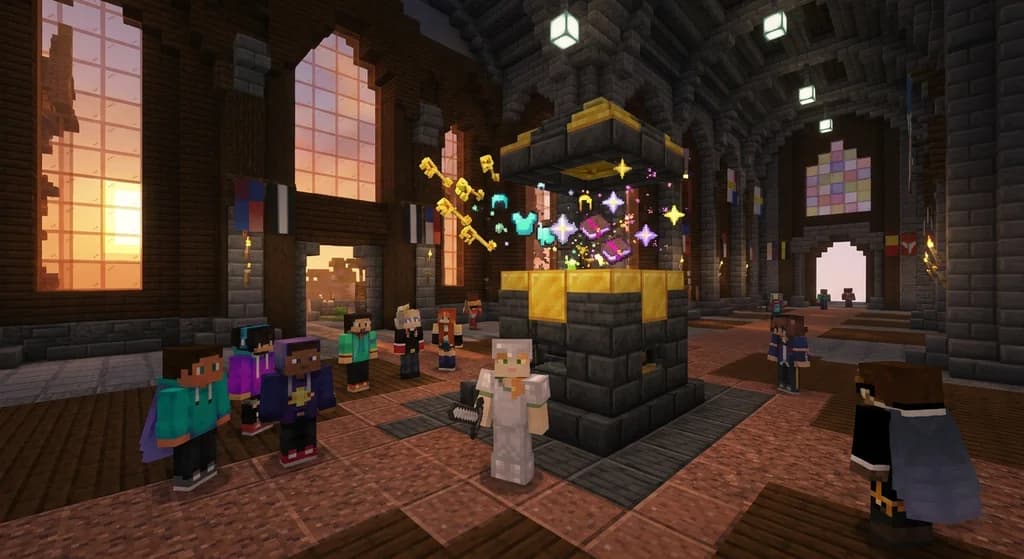 Minecraft player opening a server crate with floating keys and rare item particles in a spawn hub.