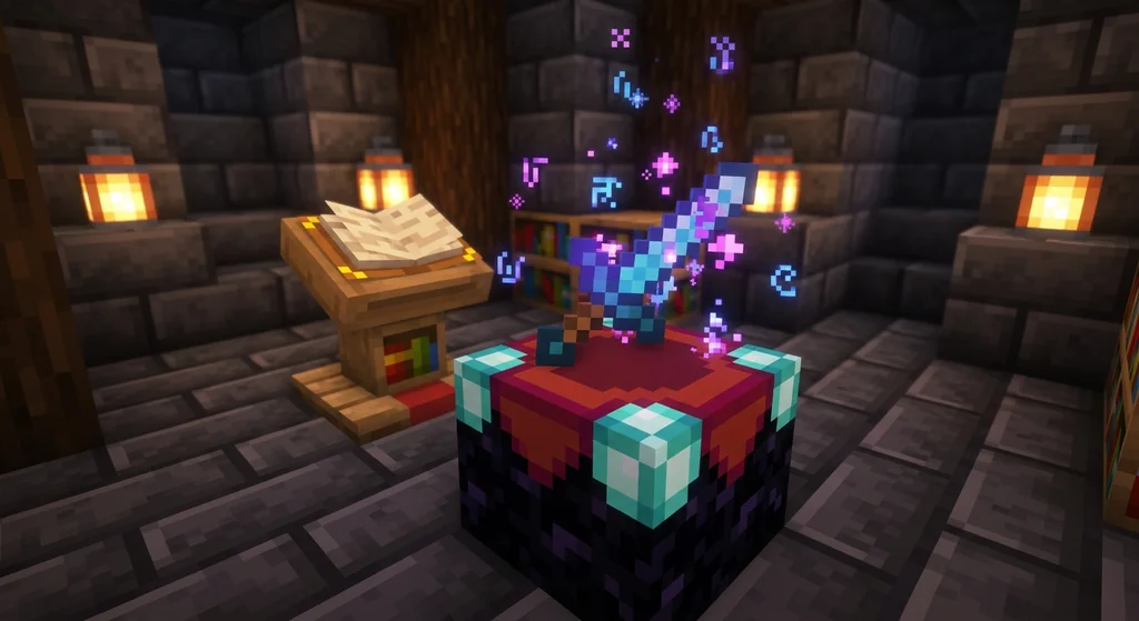 A diamond sword receiving a custom enchantment on a Minecraft enchantment table with floating runes and a mystical library backdrop.
