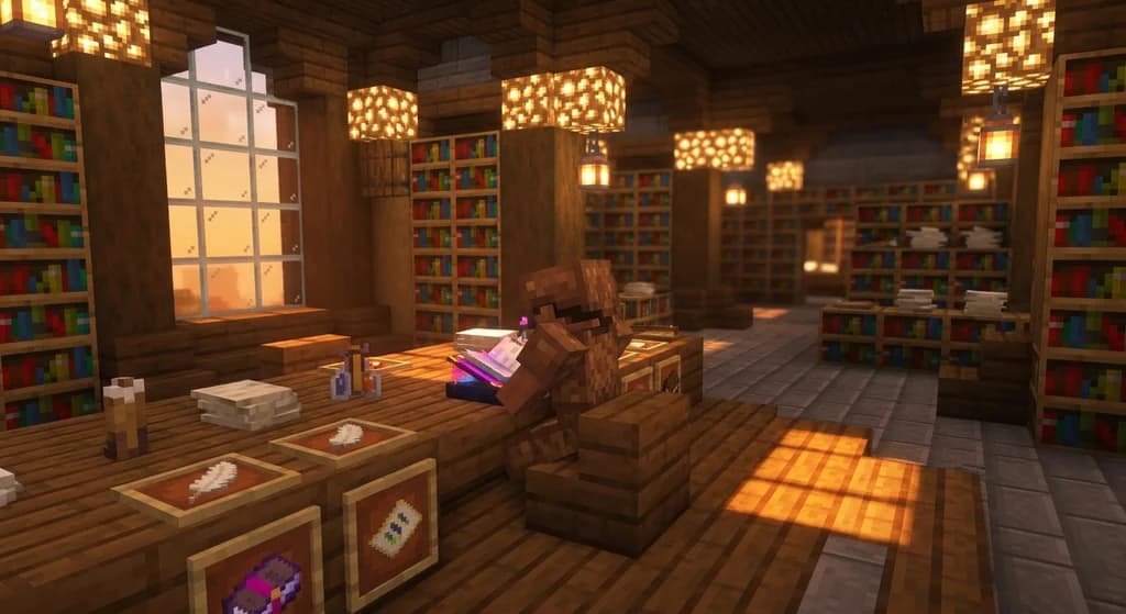 Minecraft player reading a book in a cozy oak library with books sur