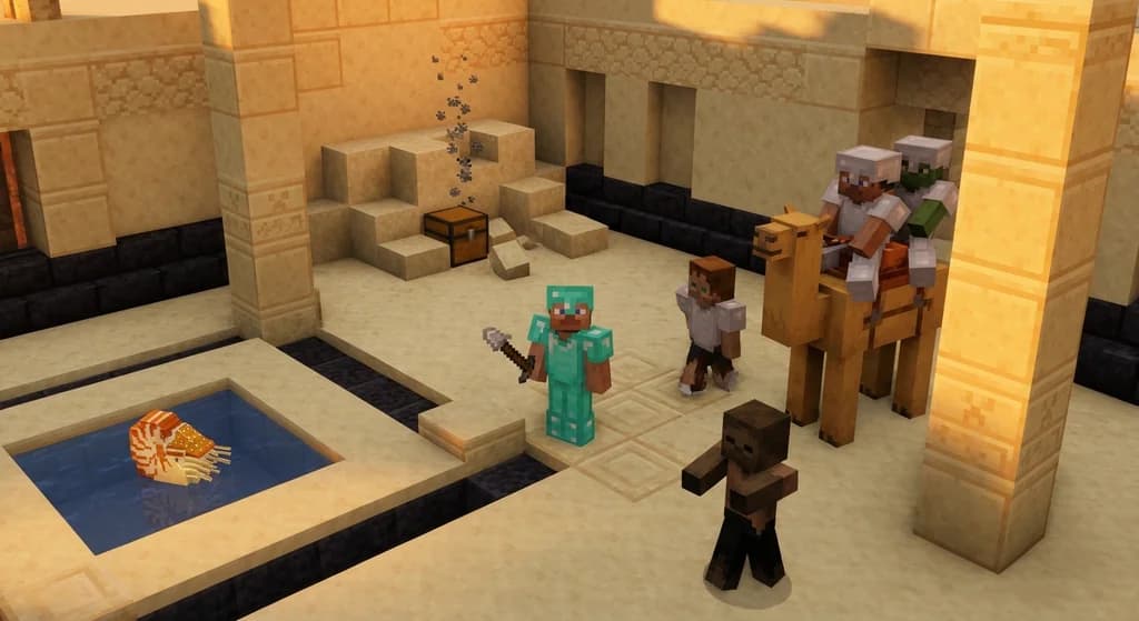 Minecraft Bedrock Edition player with iron spear near camel husk and buried treasure chest in desert biome.