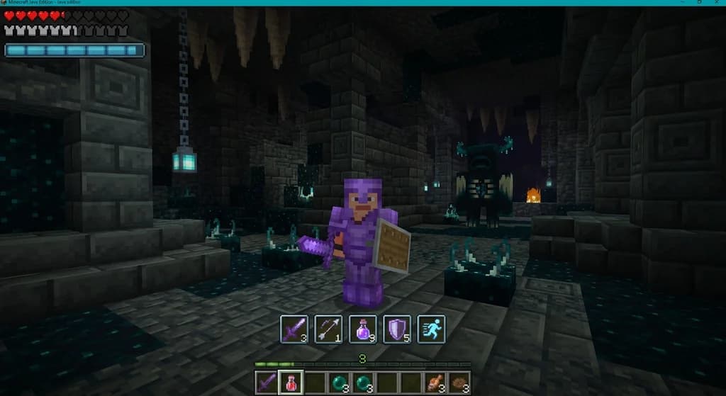 Minecraft player in dungeon with custom MMORPG action bar and HUD overlays displayed in-game.