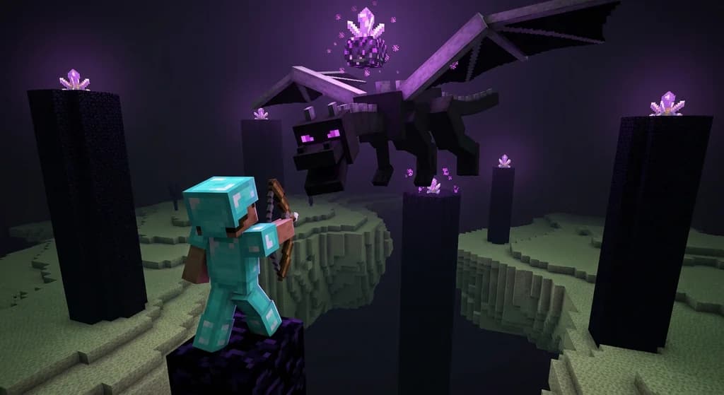 Minecraft player in diamond armor preparing to fight the Ender Dragon on an obsidian pillar in the End dimension.