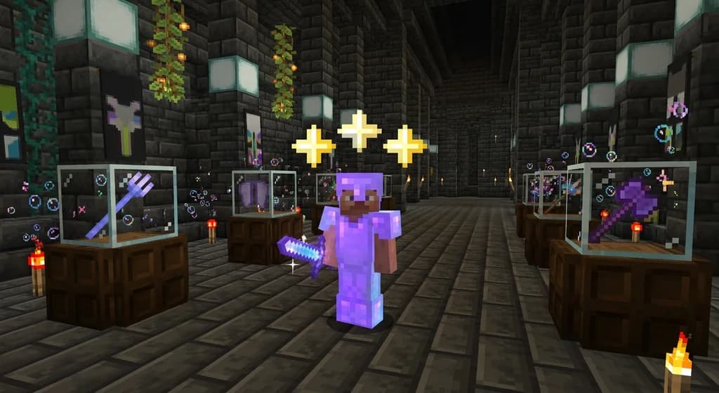 Minecraft player with a prestige-upgraded diamond sword glowing with purple particles in a grand hall.