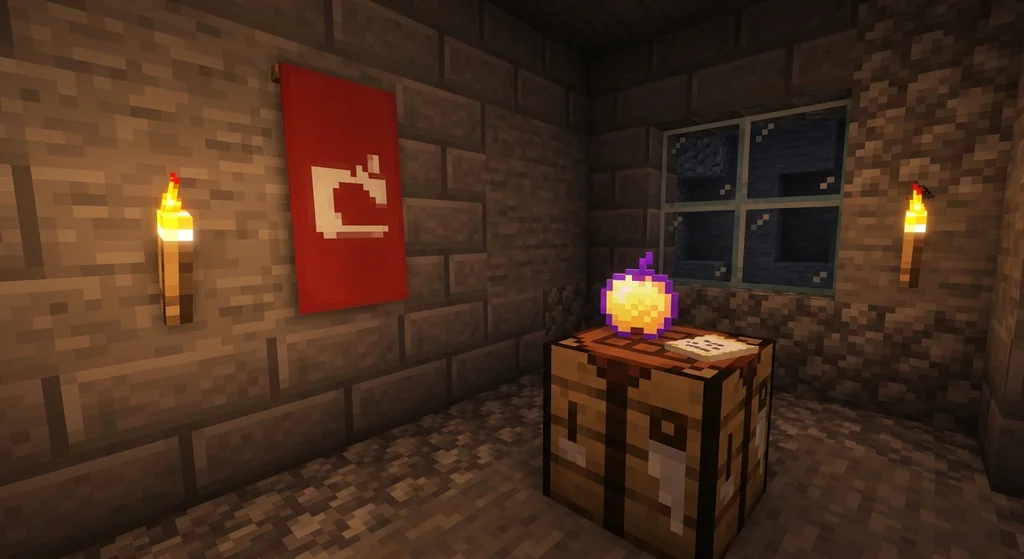 A Minecraft crafting table setup for the Thing banner pattern, with an enchanted golden apple and paper.