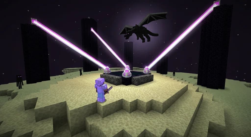 A player in diamond armor on the End central island, the Ender Dragon circling above the exit portal with four End crystals emitting light beams toward the obsidian pillars.