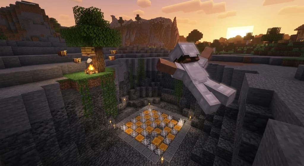 Minecraft player falling onto a cobweb and honey block landing pad to safely reduce fall damage.