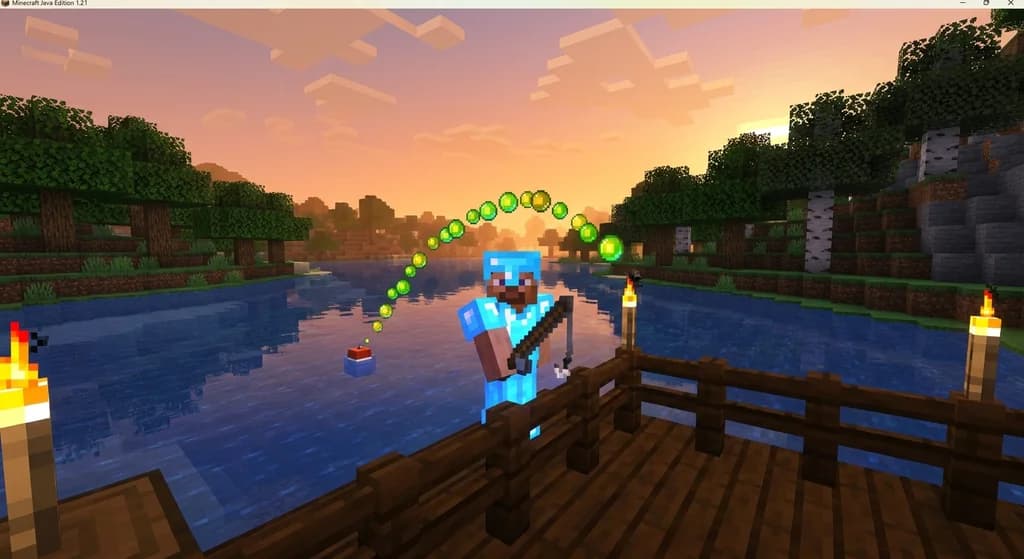 Minecraft player fishing from a dock, with glowing green experience orbs flowing from the bobber to their enchanted diamond armor, representing the Mending treasure enchantment.