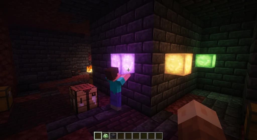 A player placing a glowing pearlescent froglight on a deepslate wall inside a dark Nether fortress, with ochre and verdant froglights on nearby walls.