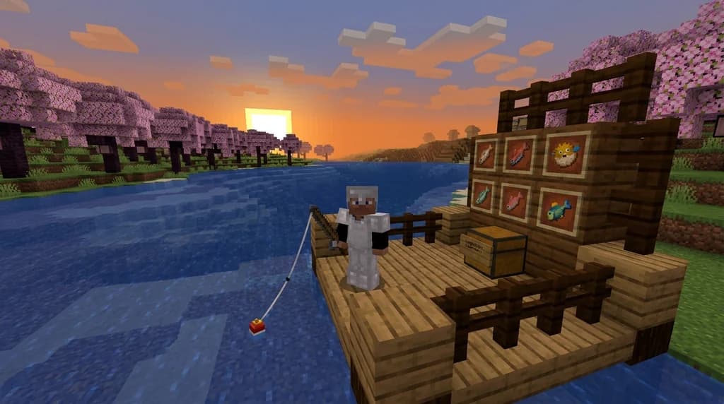 Player at Gaia Legends fishing dock with fish collection displayed in item frames, sunset lighting.