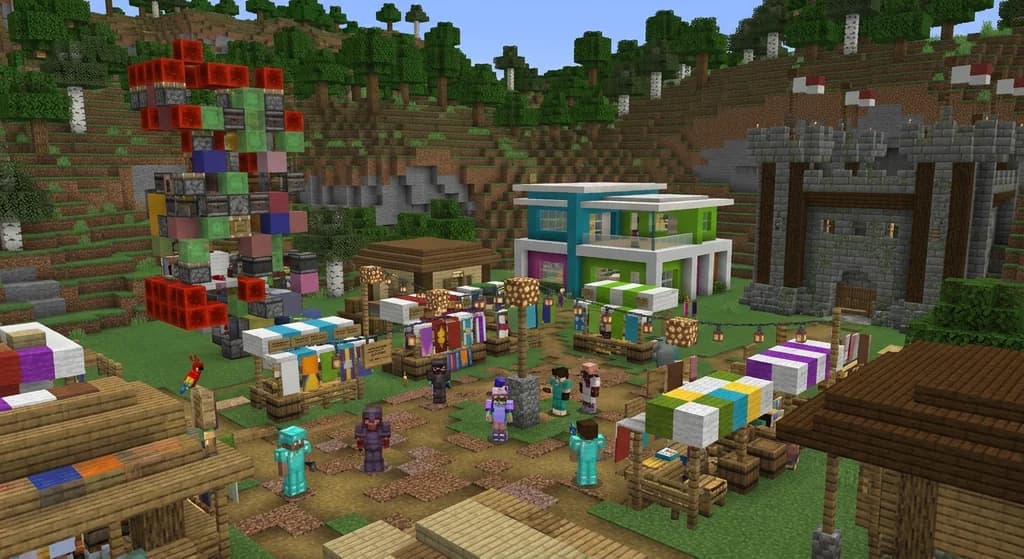 A vibrant Minecraft shopping district built by Hermitcraft members, showcasing diverse builds and a group of players interacting in the market square.