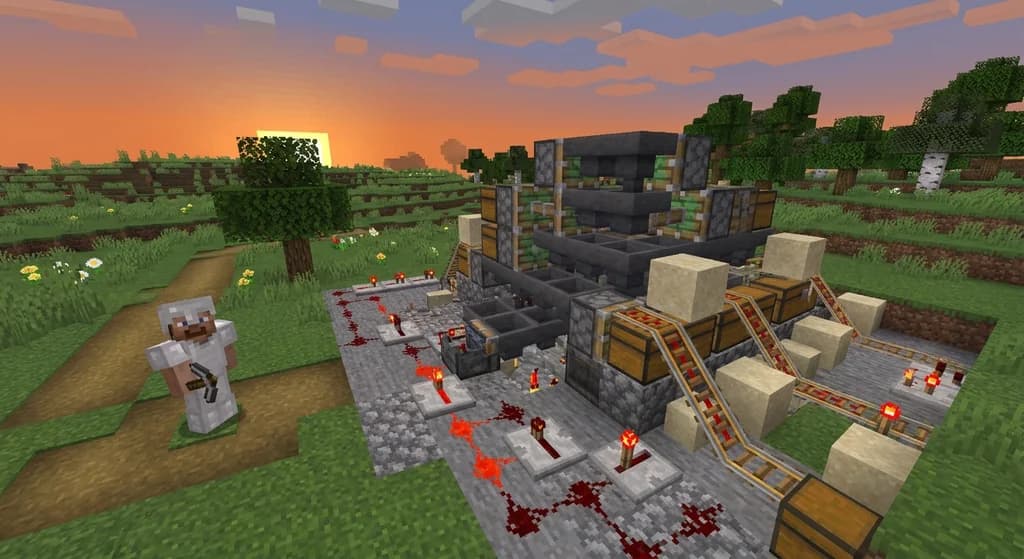 Minecraft player near a redstone duplication machine with pistons and chests full of duplicated items