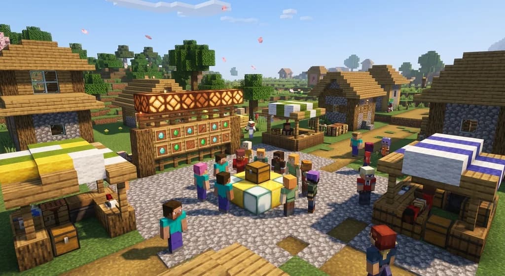 A bustling Minecraft village square with players gathered around a golden donation chest and a redstone-driven community fundraising progress bar.