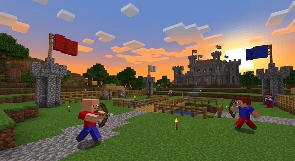 Two teams competing in a capture the flag match in a Minecraft Bedrock arena with flags and a castle.